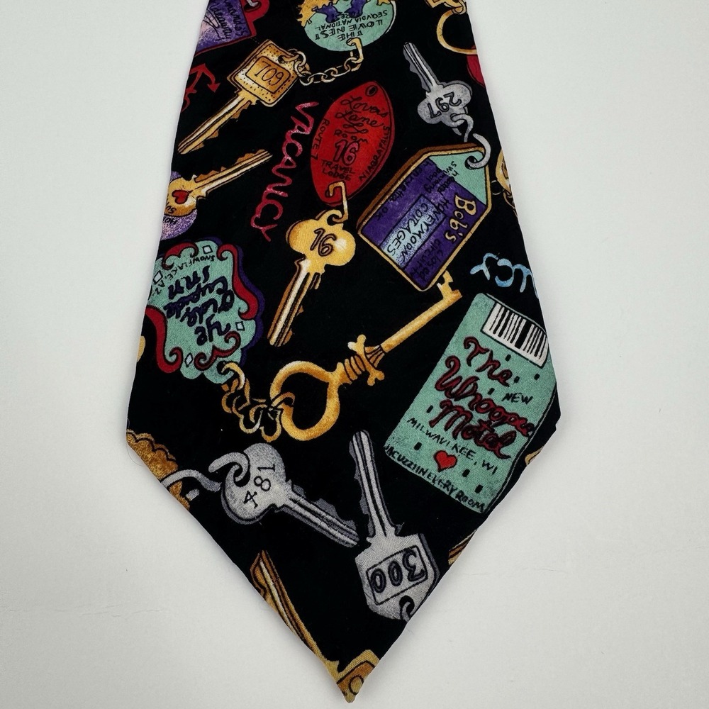 VTG Nicole Miller Motel Key Print Silk Necktie Novelty Tie Black 1993